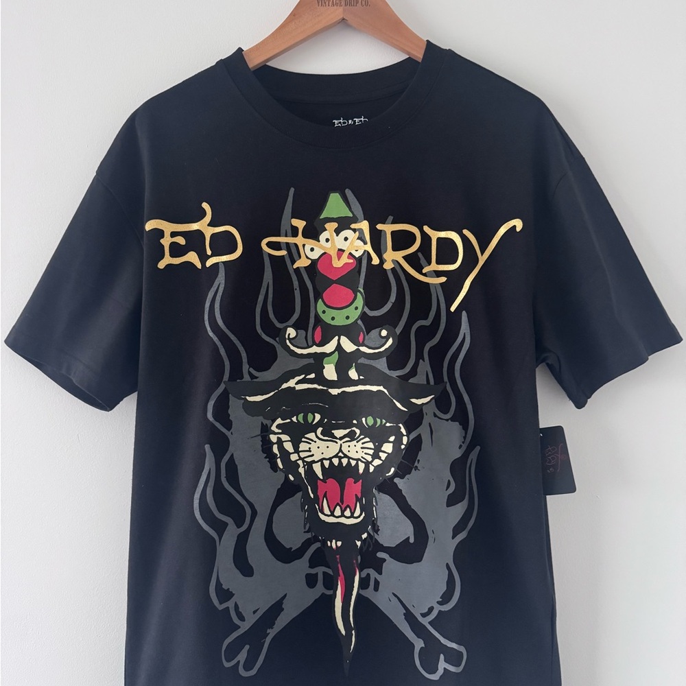 Ed Hardy Black Tee with Bold Panther Sword Graphic